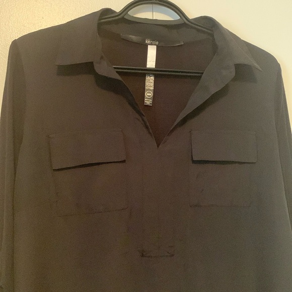 Kensie Black Collared 3/4 Buttoned Sleeve Top Size Medium - Picture 2 of 7